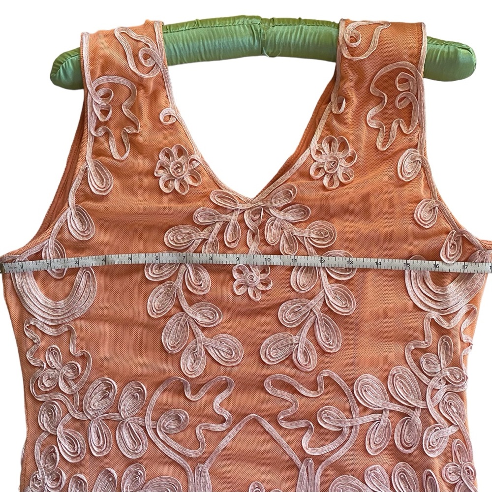 Sundance Cameo Dress, Coral and peach ribbon appliqué. Size Petite Large